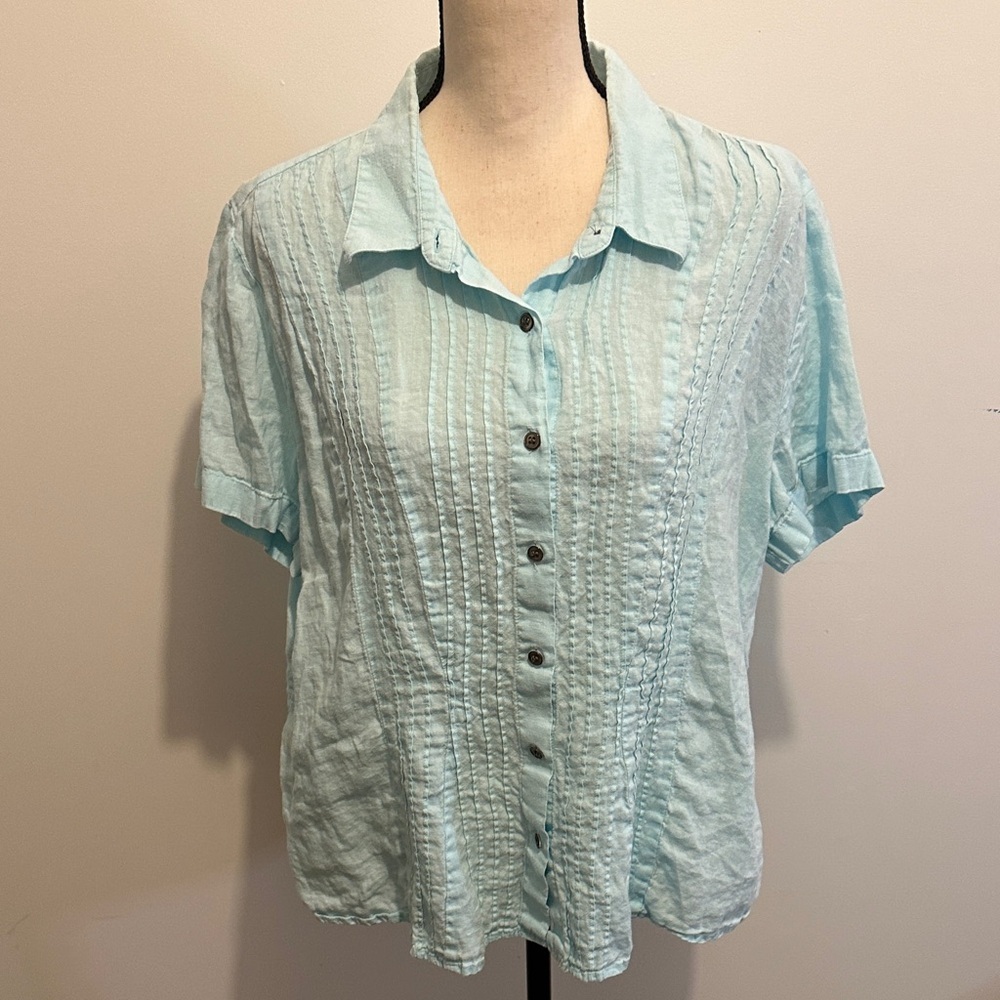 J. Jill Aqua Button-Down Linen Shirt Short Sleeve Blouse Pleated Front